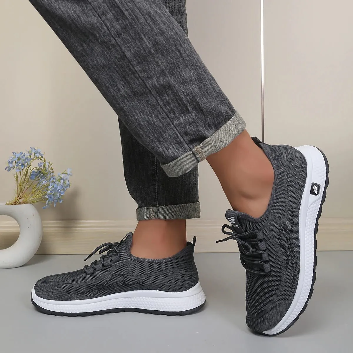 Minimal Solid Hue Men Mesh Lace-Up Footwear Fine Hollow Perforated Knit Upper Bump Carved Black Outsole Versatile Trainers — image 5
