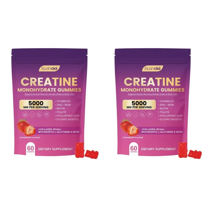 BushAid Creatine Monohydrate Gummies pro regeneraci svalů po tréninku s multi-kolagenovou směsí BCAA a Zinc 60 Gummies