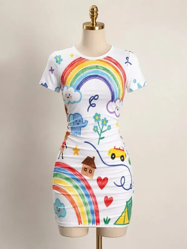 Womens Short Sleeve Bodycon Mini Dress Slim Fit Crew Neck Floral Print Casual Summer Party Cute Comfy Vacation Vacation Sundress — image 11