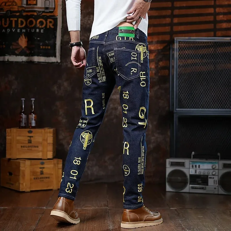 High end 2025 autumn new slim fit small leg pants for men personalized embroidery printed fashion trend jeans — image 5