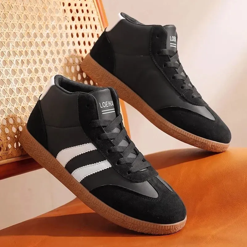 Unisex High Top Retro Sneakers Striped Patchwork Lace‑up Soft Rubber Sole Daily Casual Board Shoes for Men Women — image 1
