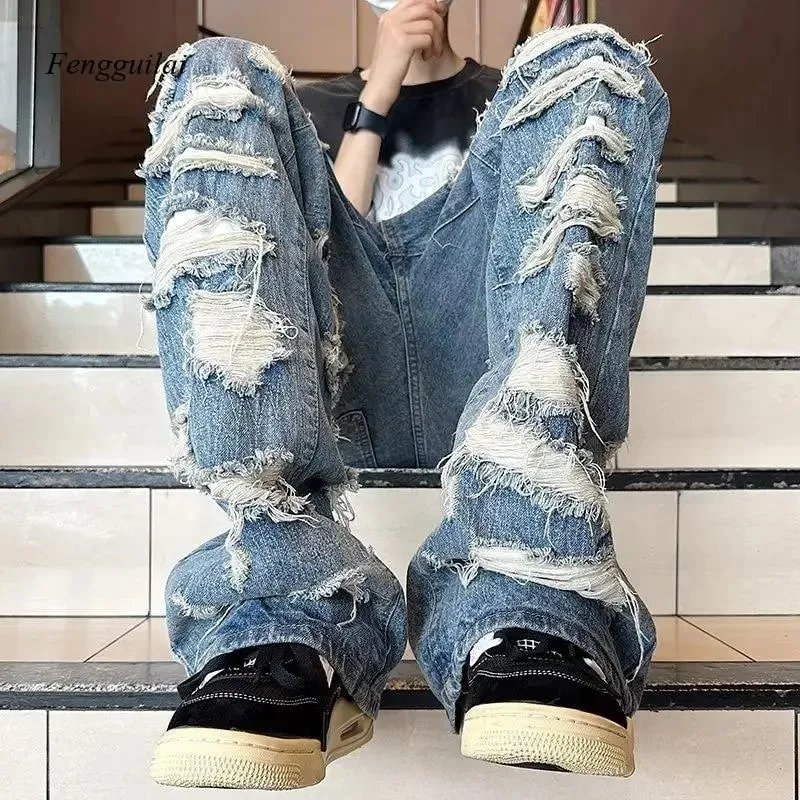 Vintage All-Over Ripped Baggy Jeans for Men Heavy Distressed Washed Blue Denim Streetwear Pants — image 5