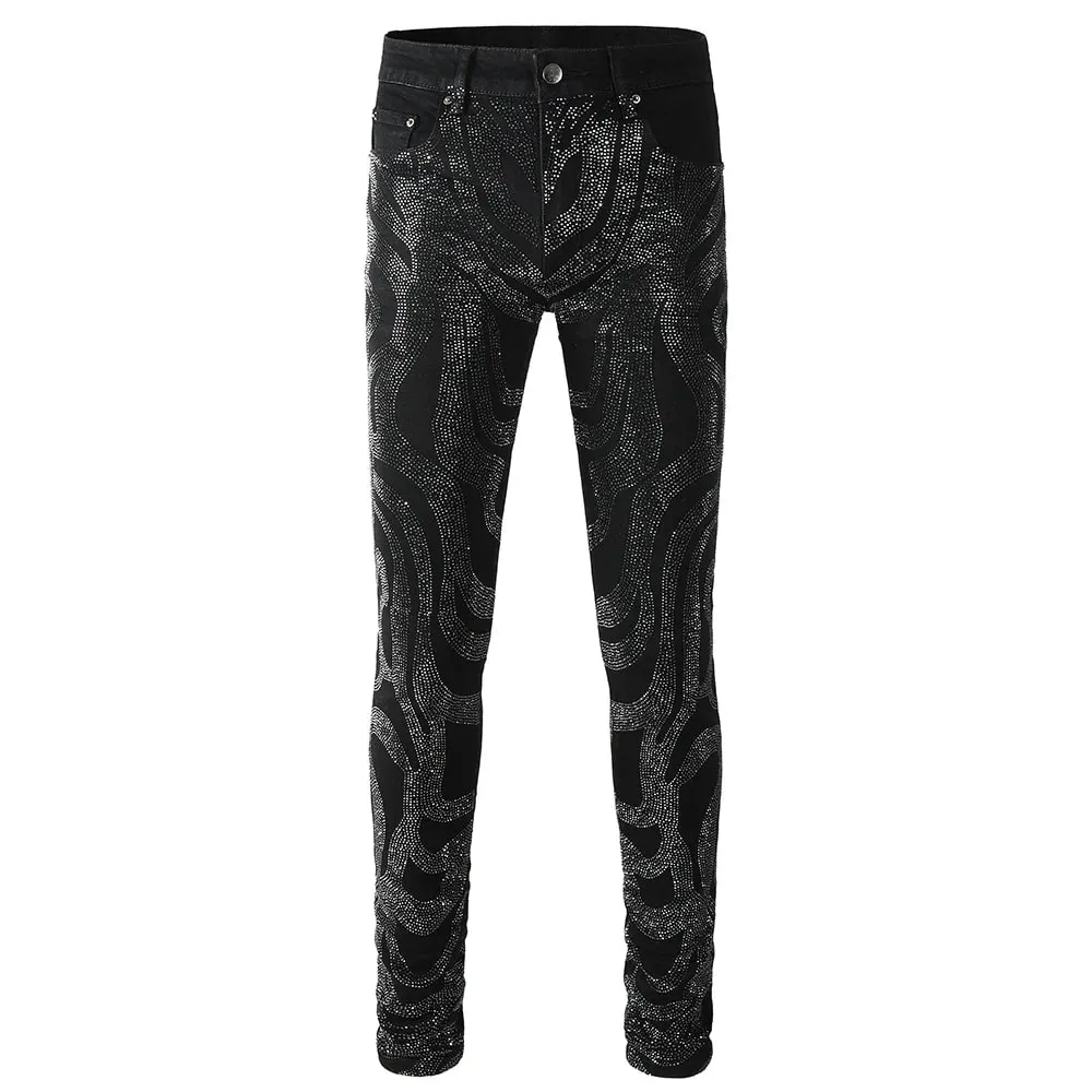 Men Crystal Denim Jeans High Quality Rhinestone Stretch Pants Streetwear Black Skinny Tapered Trousers