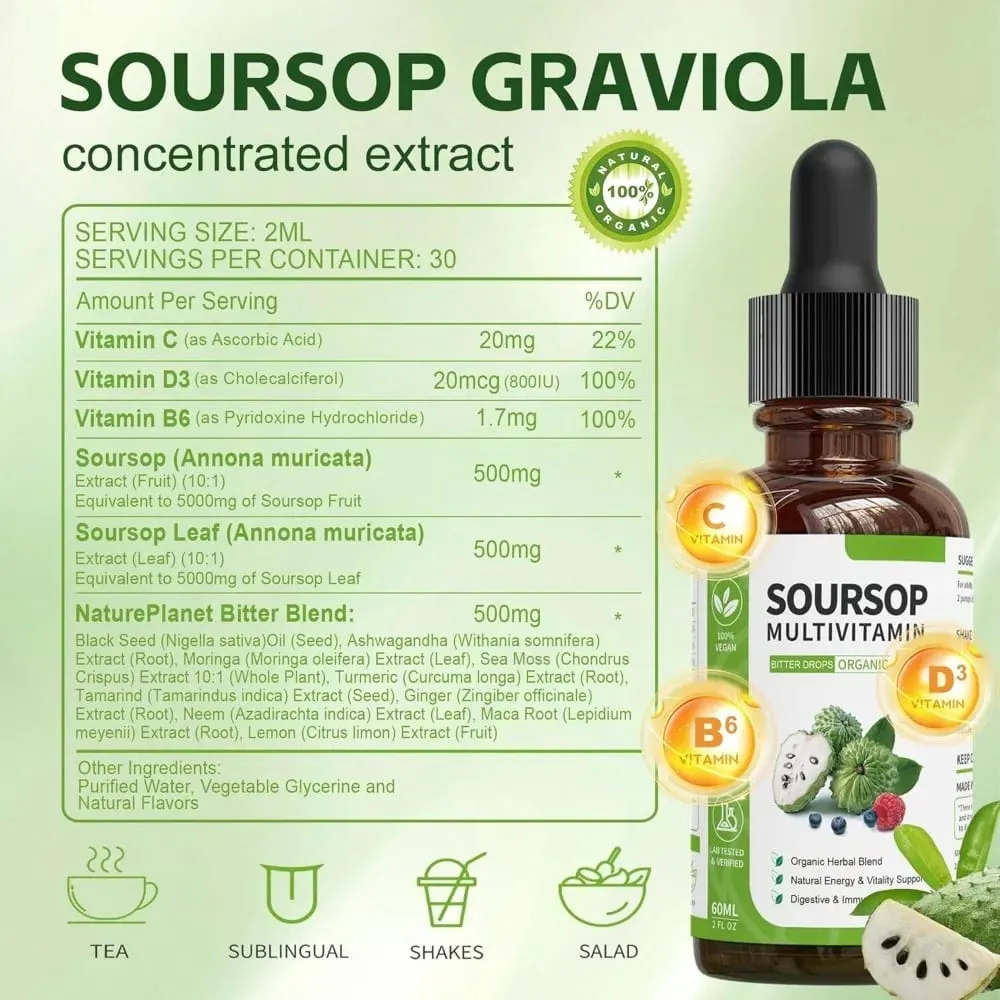 Soursop Liquid Drops Urteekstrakt Plantebaseret supplement med Soursop Frugt og Bladblanding Daglig Wellness Formel Vegansk — image 4