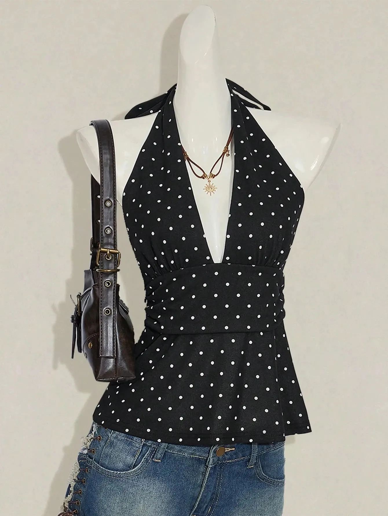 Ladies Polka Dot Backless Strap Top with Waist Pleating Design Adjustable Neck Strap Backless Strap Ladies Shirt — image 2