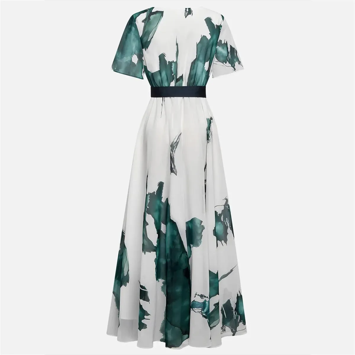 Watercolor Printed Elegant Fashion Short-sleeved Maxi Dress for Women 2026 Summer V-neck Lace-up Pleated Party Dresses Female — image 5