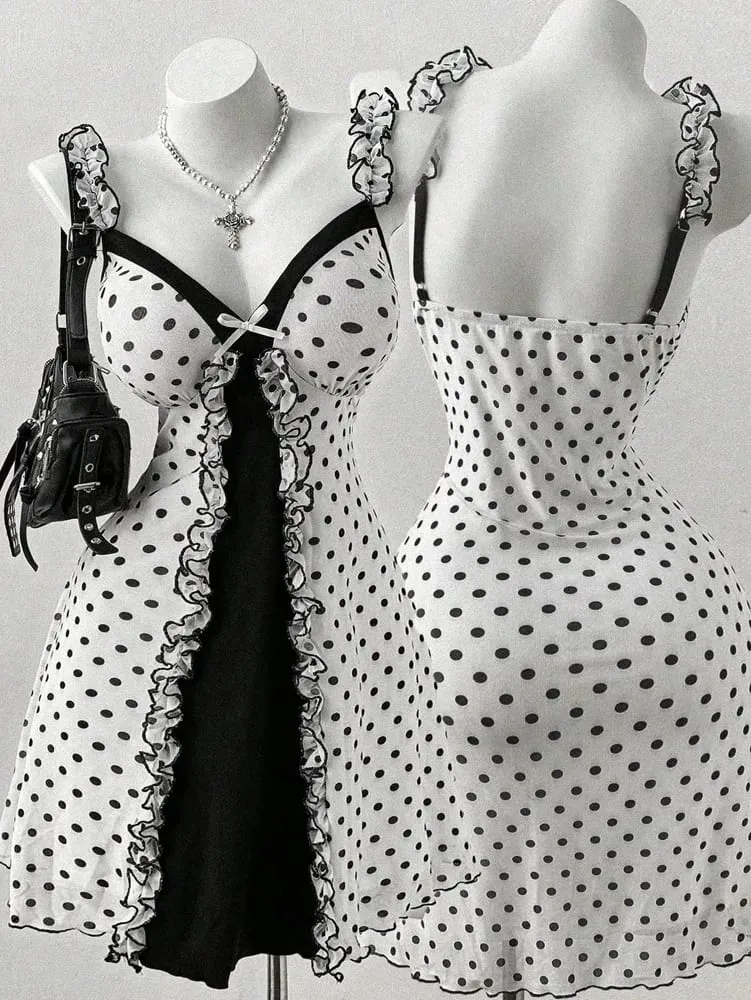 Plus Size Y2K Polka Dot Dress Ruffle Trim Bow Front Cami Mini Dress Sexy Sweet Coquette Style Party Dress for Women — image 2