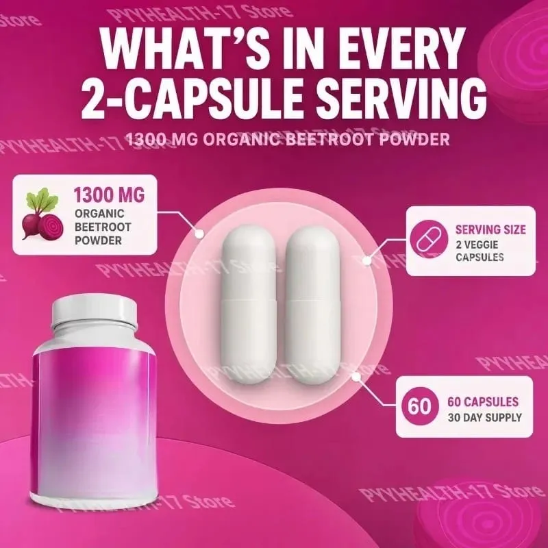 Beetroot Capsules Non-GMO Beets Support Healthy Circulation and Athletic Performance Organic Beetroot Powder 1300mg 60 Capsules — image 5