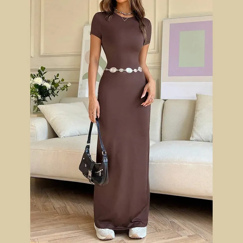 Women's Elastic Slim Fit Long T-shirt Dress Featuring Round Neck and Short Sleeves Suitable for Everyday and Special Occasions — image 7