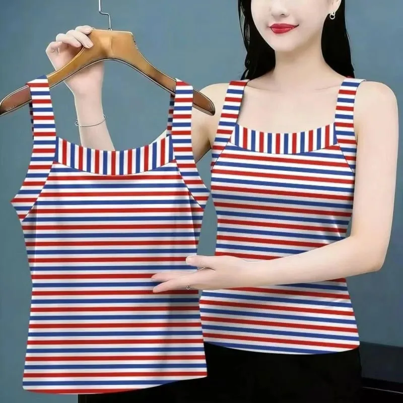 Summer Sleeveless Striped Contrast Patchwork Plus Size Vintage Tops All-match Harajuku T Shirts Fashion Casual Women Clothing