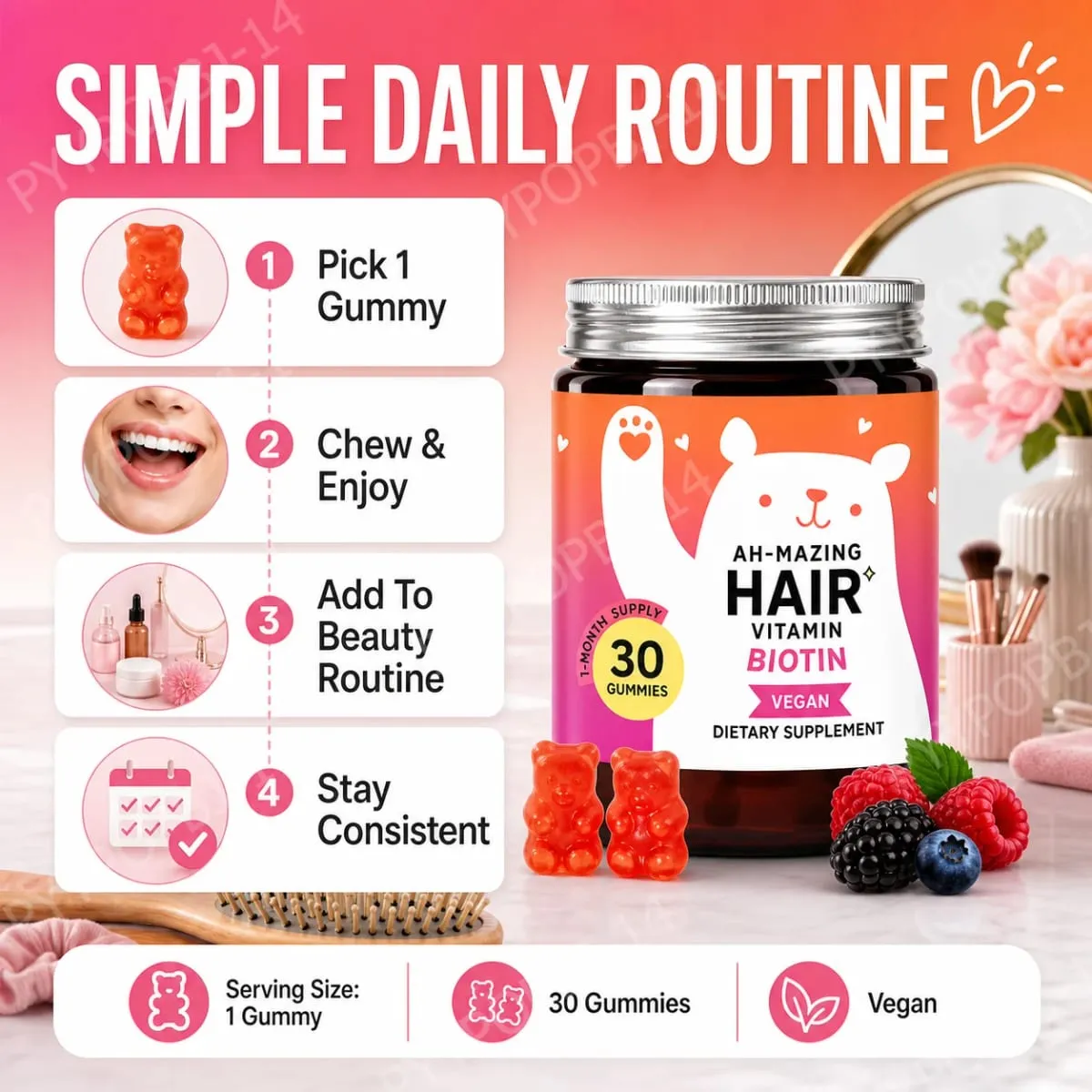 Biotin Gummies 5000 Mcg Hair Skin Nails Support Vegan Beauty Vitamins 30 Gummies Daily Wellness Supplement — image 6