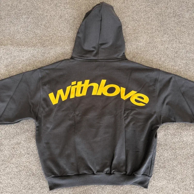 Men's With Love Cursive Text Graphic Hoodie Sweatshirt Oversized Streetwear Pullover Casual Autumn Winter Hooded Top — image 3