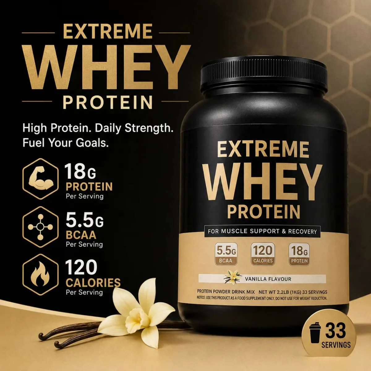 Whey Protein Powder 18g Protein 5.5g BCAA Vanilla Post-Workout Muscle Recovery & Growth Support 120 Cal 33 Servings Gym Fitness — image 2