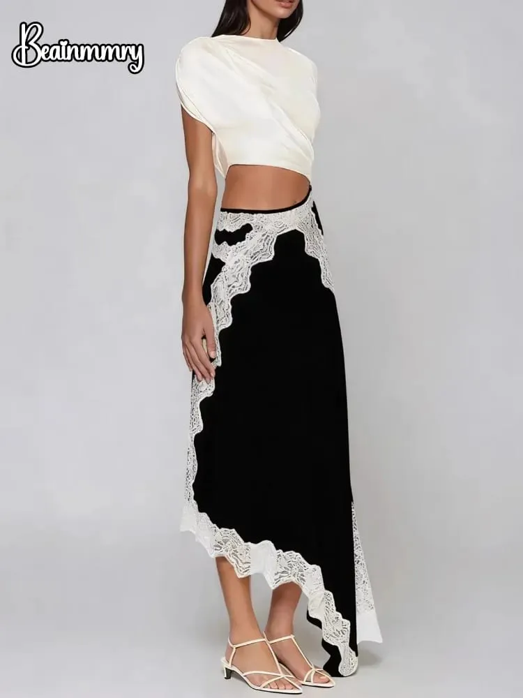 Lace Patchwork Cut Out Short-sleeve Twisted Tee Dress Color Block Gathered Lace Panel Maxi Dresses Women's Chic Daily Outfit — image 2