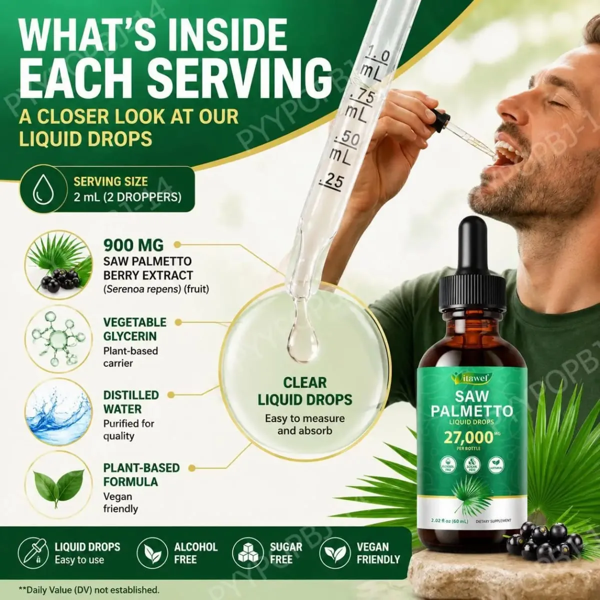 Itawel Saw Palmetto Liquid Drops Prostate Health Support Urinary Function Support GMO Free Paraben Free Sugar Free Vegan 60 ML — image 4