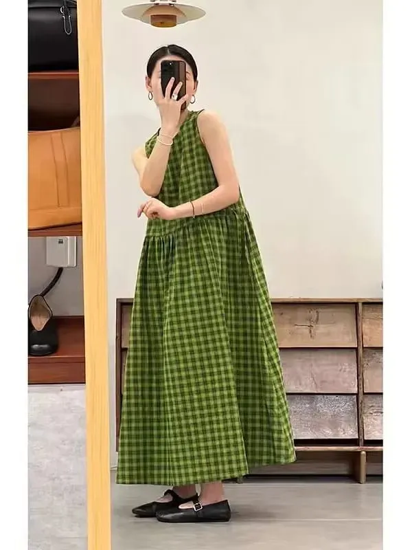 Slimming Plaid Cotton Lin Svel Long Dr Women's plus Size Dstring Waist round Ne Vest Skirt Commute Sle Summer... — image 3