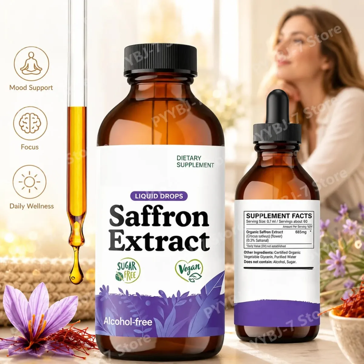 Organic Saffron Liquid Extract Drops Plant Based Herbal Supplement Vegan、sugar & Alcohol Free 60ml Daily Health Supplements — image 2