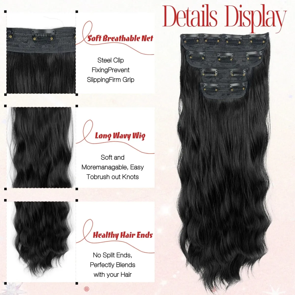 4-Piece Set Women's Synthetic Clip-in Wig Extensions Long Wavy Thick Clip-in Wig Pieces Voluminous Wig — image 8