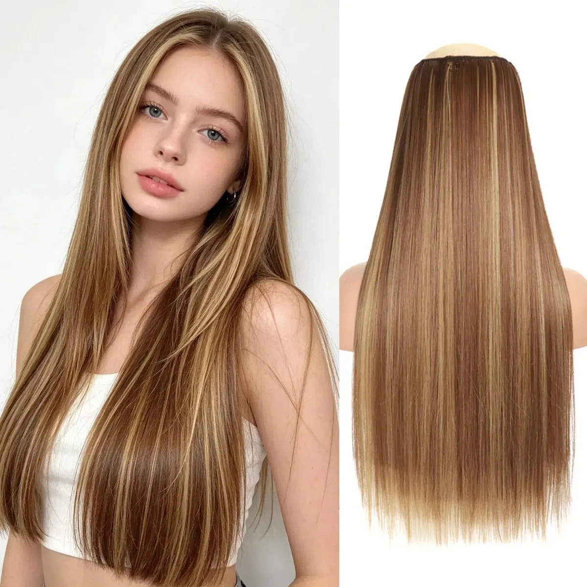 Synthetic 5 Clips in one piece hair extensions 22inch long straight clip in hair for women girls daily party holiday — image 10