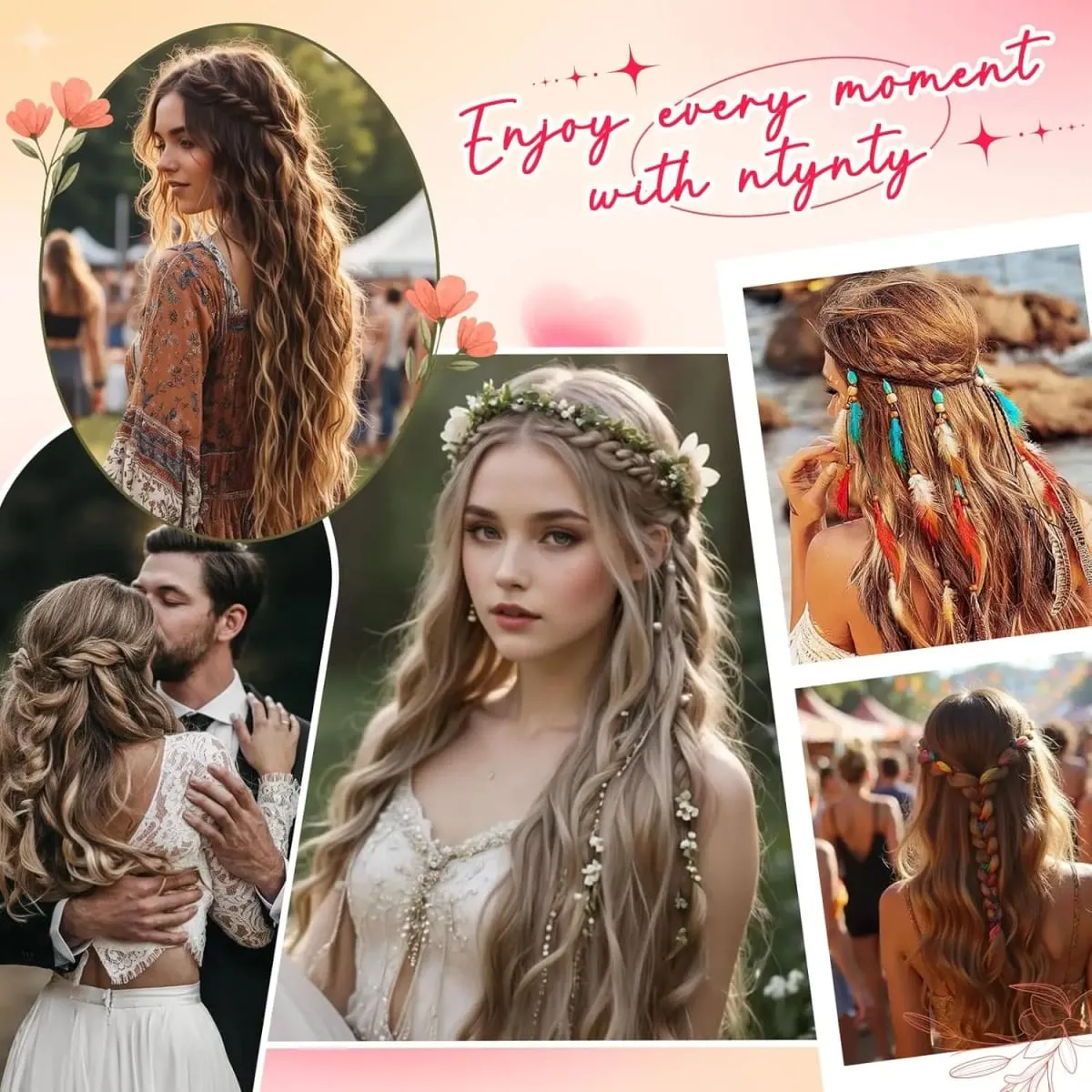 Synthetic Clip in Braid Hair Extensions - Boho Festival Princess Braid Hair Extension Fairy Cosplay Wedding Hairpiece for Women — image 7