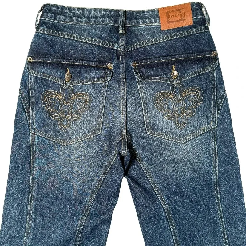 Y2K Vintage Flare Jeans Men Women Dark Wash Denim Pants Mid Waist Split Hem Embroidery Pocket Retro Streetwear Bootcut Trousers — image 5