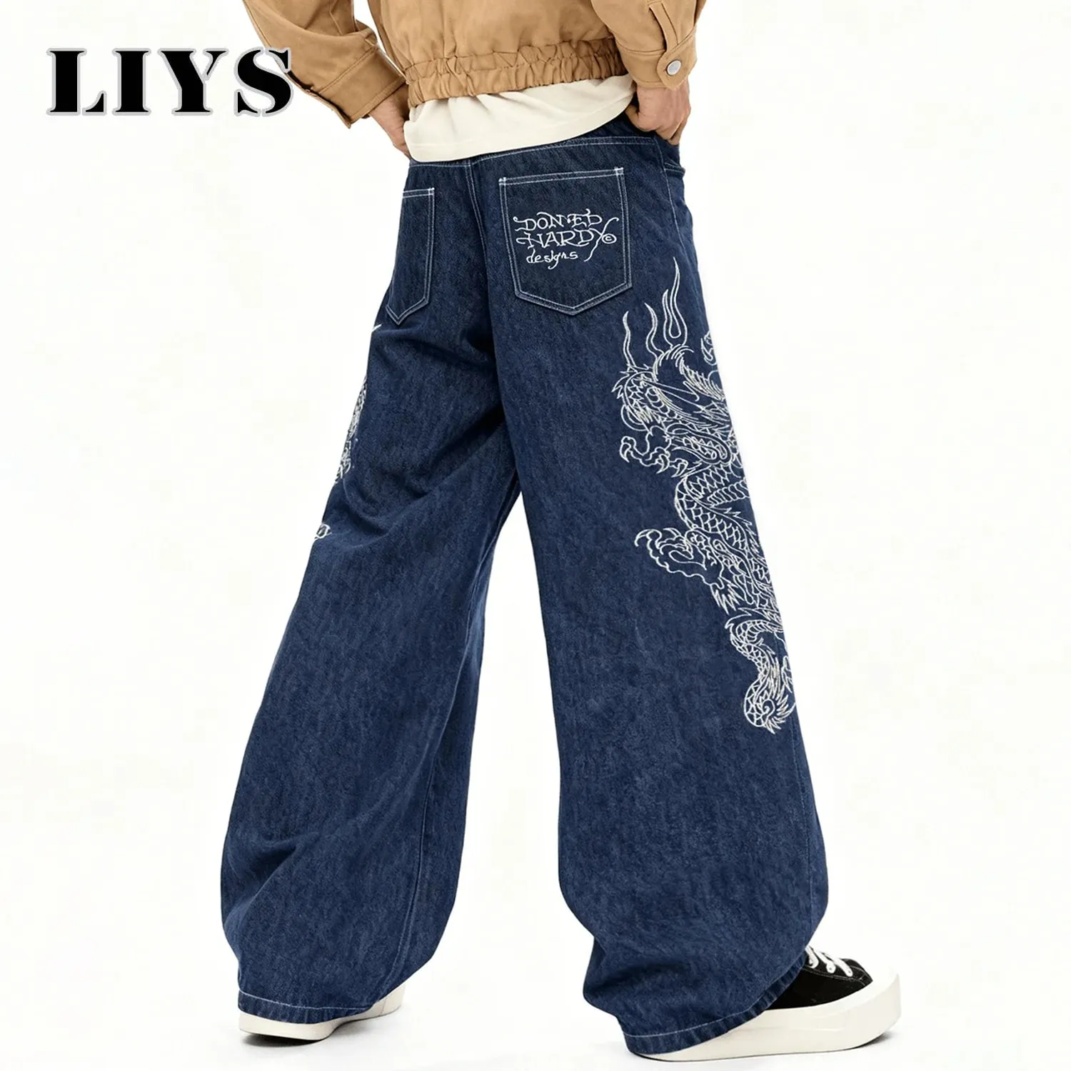 Korean Street Blue Baggy Wide Leg Men's Jeans Personalized White Dragon Pattern Embroidery Denim Pants Gothic Male Jeans Unisex — image 1