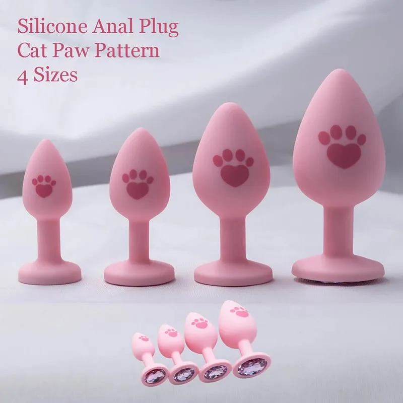Pink Silicone Anal Plug for Woman 4 Sizes Cat Paw Pattern Smooth Surface Butt Plug Crystal Base Sex Toys For Woman Anal Dildo — image 2