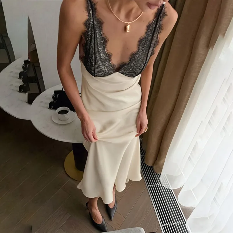 Tossy Lace V-Neck Printed Long Dress Women's Patchwork High Waist Slim Backless Summer 2026 New Dress Female Party Dress Gown