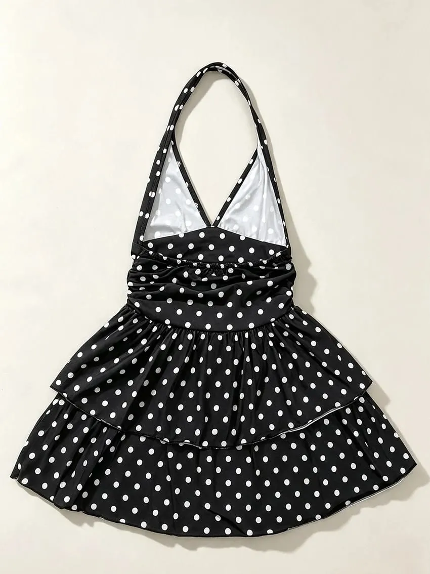 Vintage Polka Dot Halter Dress for Women Deep V‑Neck Backless Ruched Waist Tiered Ruffle Dress Retro Party Casual Short Dresses — image 2