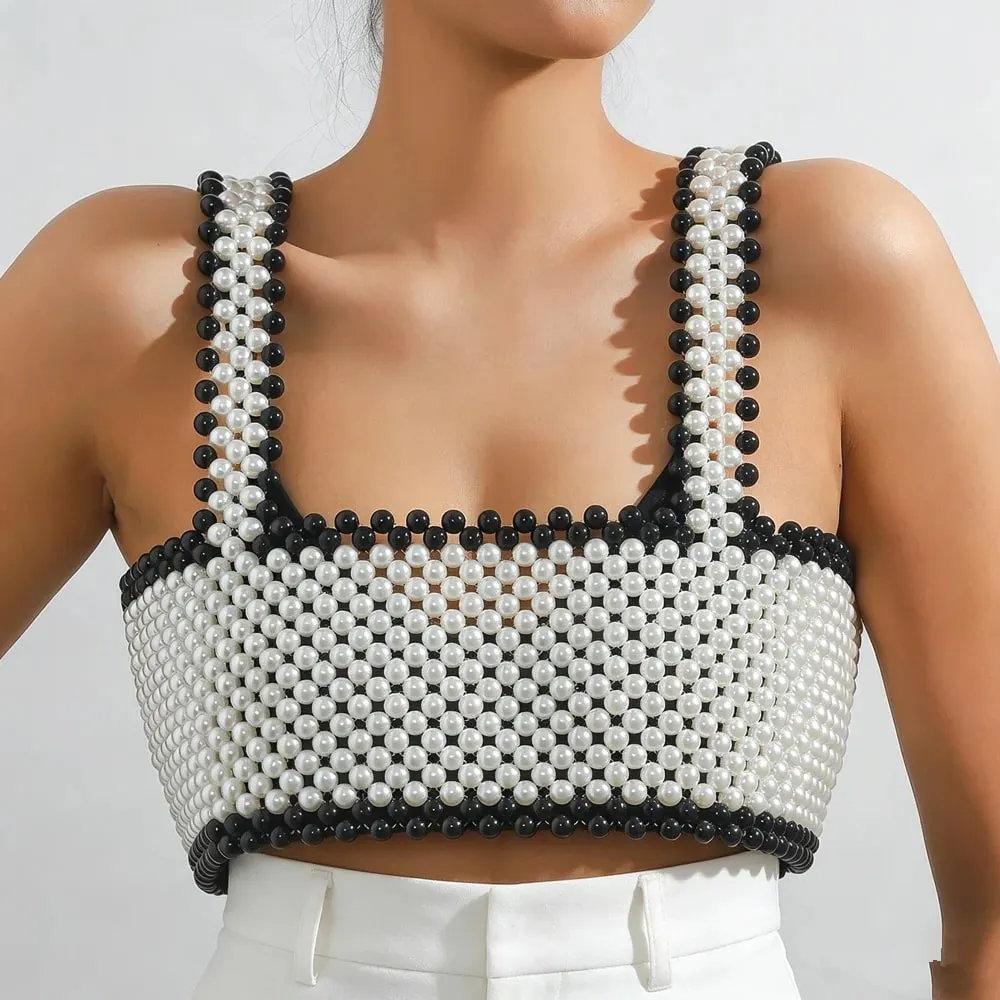 Sexy Women's Pearl Shoulder Bared Mesh Vest with Adjustable Ribbon Fashionable Sleeveless Summer Wear Ladies Pearl Top — image 6