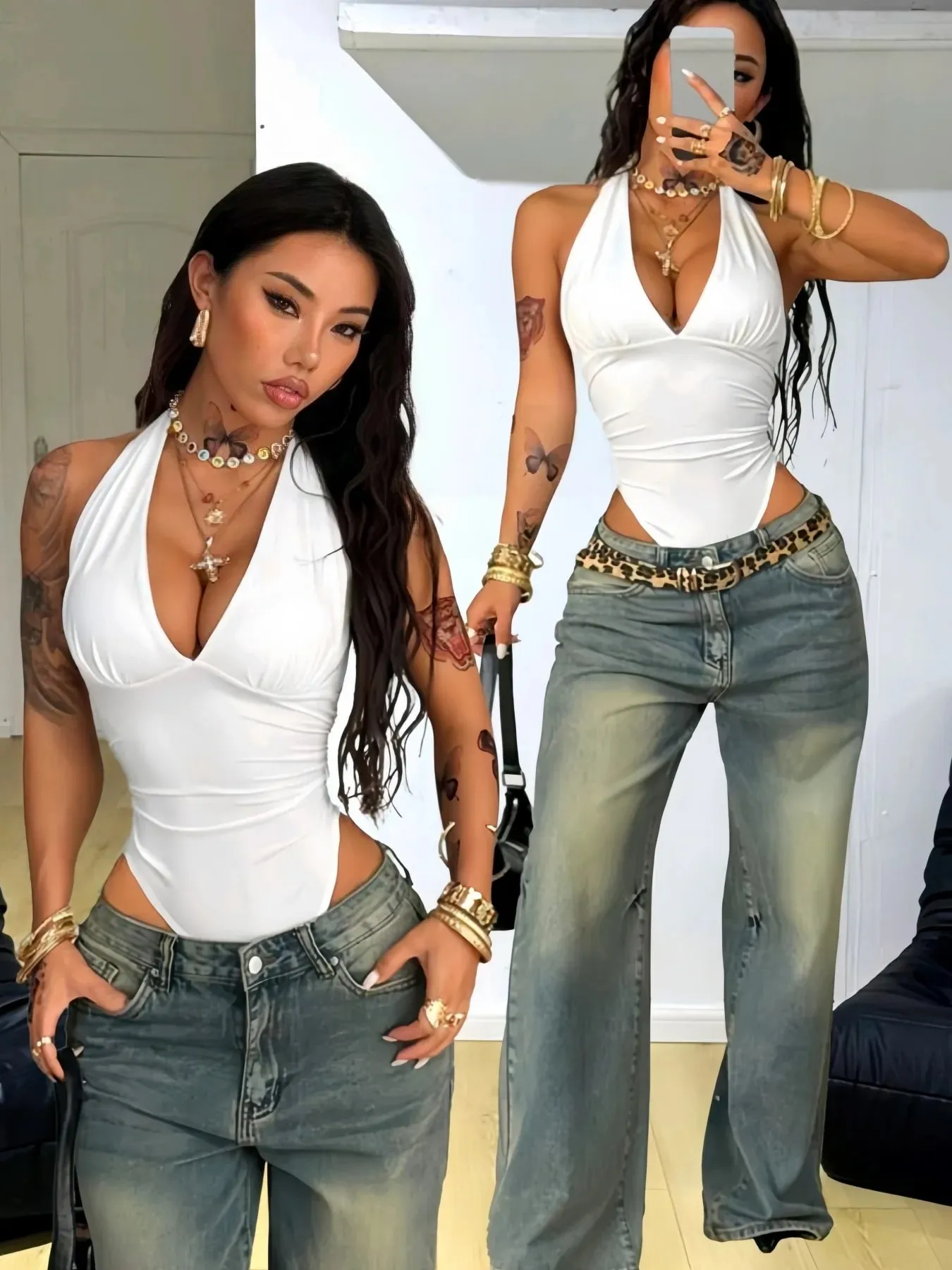 Women Halter Deep V Neck Ruched Slim Fit Sleeveless Bodysuit 2026 Summer Y2K Solid White Going Out Streetwear Jumpsuit Top — image 2