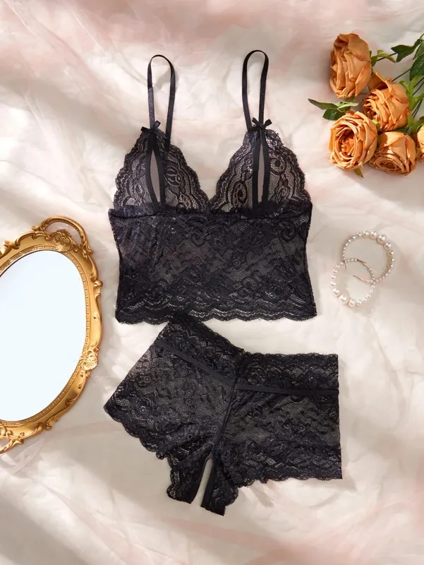 Women Black Open-Back Lace Two-Piece Panties Underwear Sleep Set — image 9
