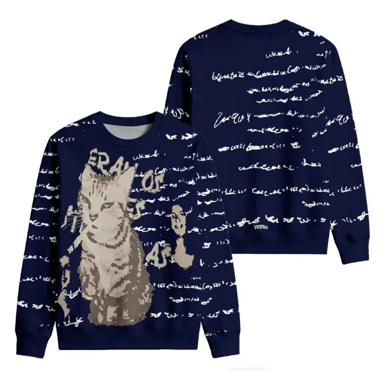 Vintage Cat Portrait English Letter Graphic Pullover WIFRU Harajuku Aesthetic Long Sleeve Crewneck Top Unisex Casual Streetwear — image 3