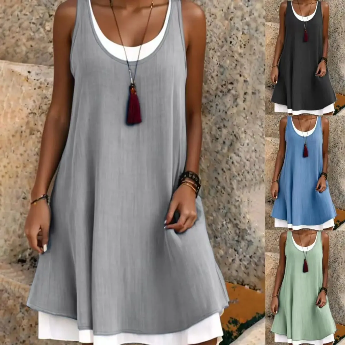 Women's Solid Dress Fashion O Neck Pullover Sleeveless Fake Two Piece Loose Beach Dresses For Women Summmer New Womens Clothings — image 1