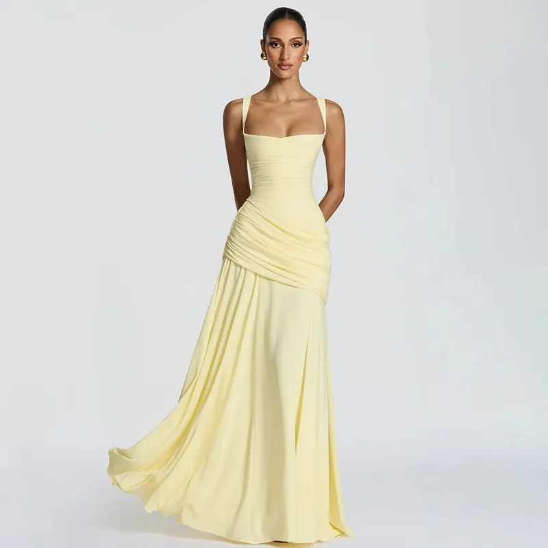 Sexy Solid Pleated Sling Dress Women Elegant Square Neck Sleeveless Waist-cinching Maxi Dresses 2026 New Summer Lady Party Robe