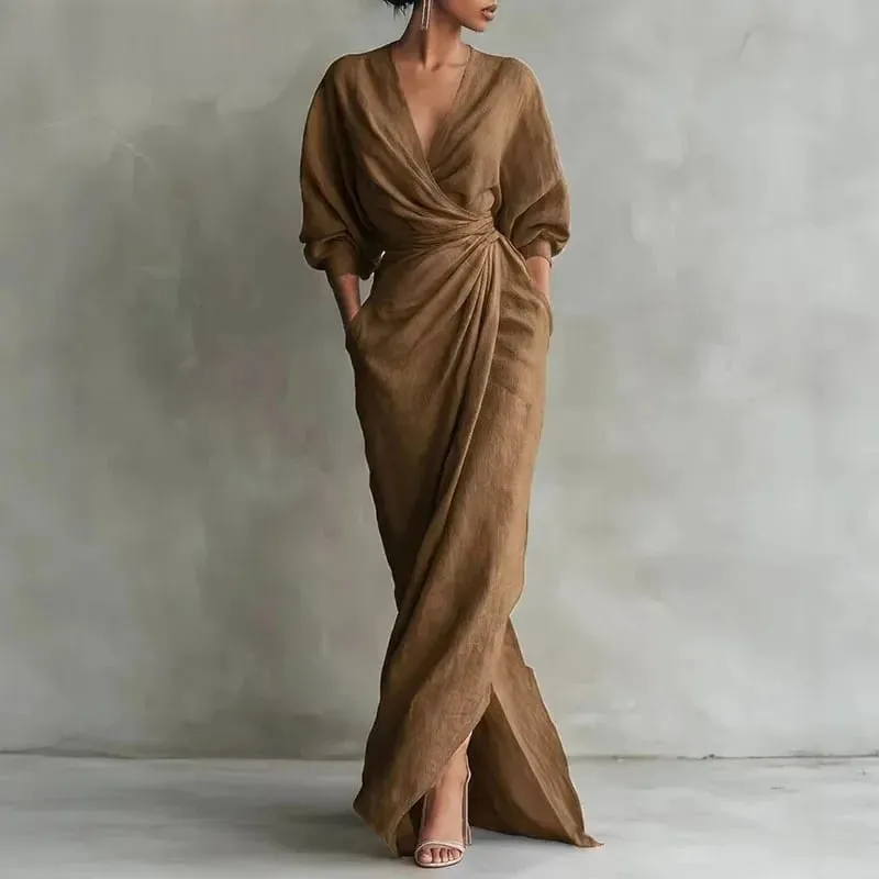 Women's Sexy V Neck Wrap Waist Dresses 2026 Spring Casual Solid Slim Bodycon Hips Elegant Long Sleeve Slit Maxi Dress — image 1