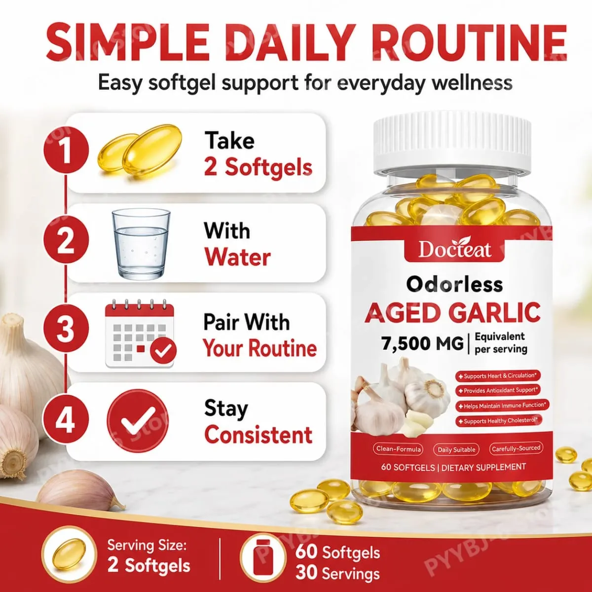 Odorless Aged Garlic Extract 7500mg Equivalent 60 Softgels - Immune Support Heart Health Antioxidant Supplement for Adults — image 4