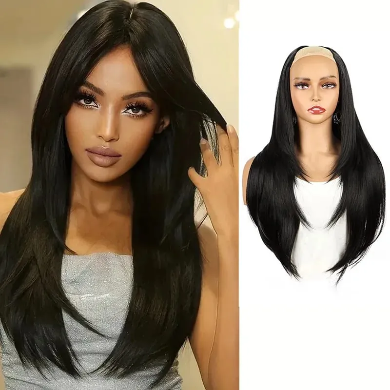 22Inch Synthetic Long Straight Layered Clip-in Hair Extension V-shaped Black Blonde Invisible Hairpiece for Women