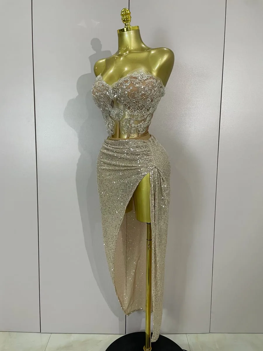 Sparkly Pailletten Kralen Sexy Strapless Tweedelige Set Vrouwen Avond Vieren Nachtclub Party Luxe Verjaardag Jurk Toneelkostuum — image 2