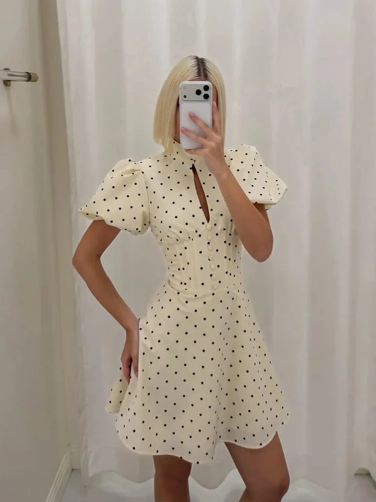 Retro Polka Dot Mini A-line Dress Elegant Stand Collar Puff Short Sleeve Waist-cinching Dresses 2026 New Lady Party Gowns — image 2