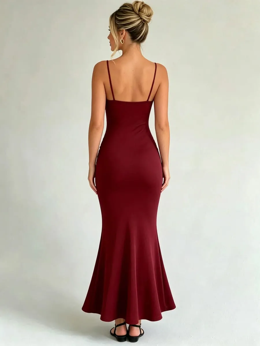 Women Spaghetti Strap Ruched Mermaid Maxi Dress Square Neck Bodycon Elegant Evening Party Long Dress — image 3
