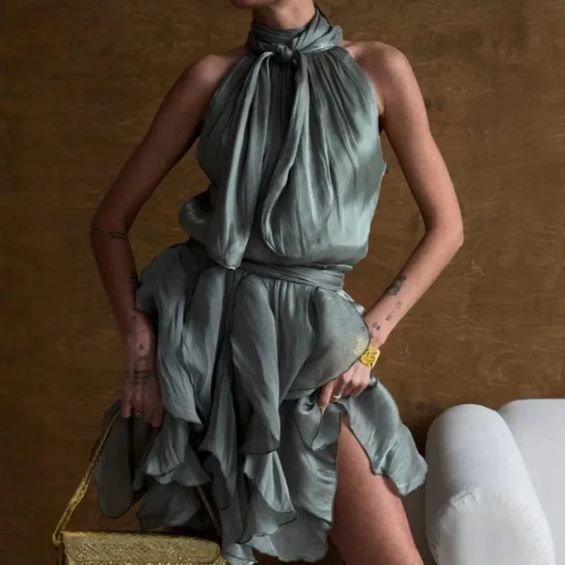 Sexy Cascading Ruffle Pleated Women's Mini Dress Fashion Lace Up Sleeveless Empire Female Dresses 2026 Spring Summer Lady
