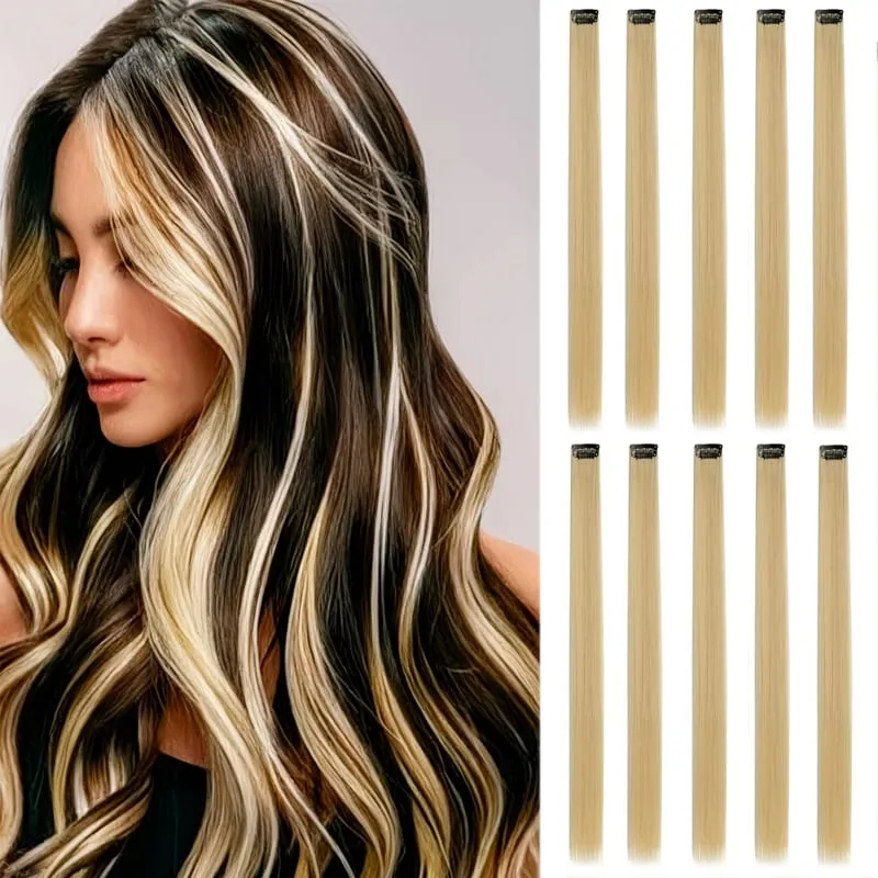 10PCS Hair Extensions Clip in -24 inch Colorful Hair Extensions Party Highlights Long Straight Synthetic Wigs Suitable for Girl — image 10