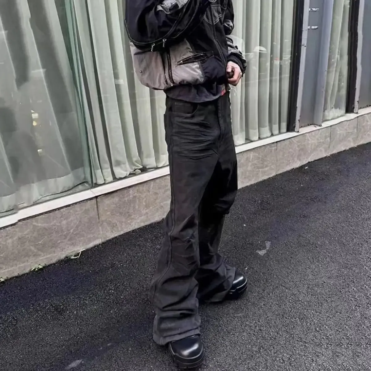2026 High street coated micro-flare jeans American retro heavy industry men and women black gothic retro casual loose jeans — image 4