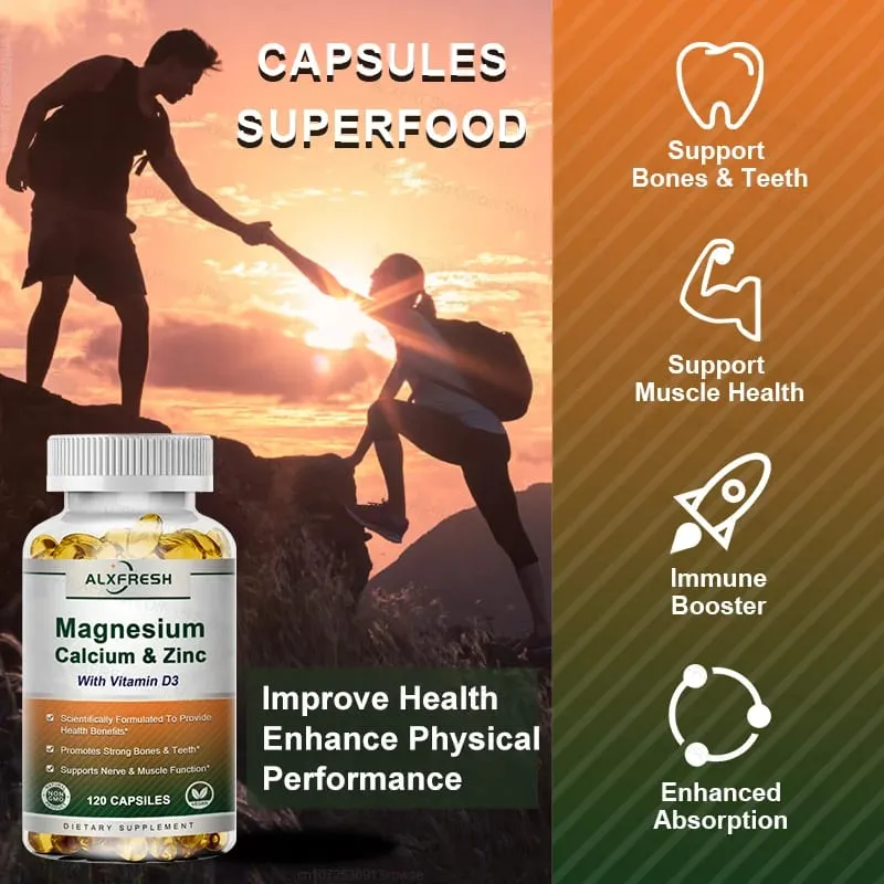 Calcium Magnesium Zinc Capsules with Vitamin D3 for Strong Bones & Teeth | Heart Nerve & Immune Function Health Support