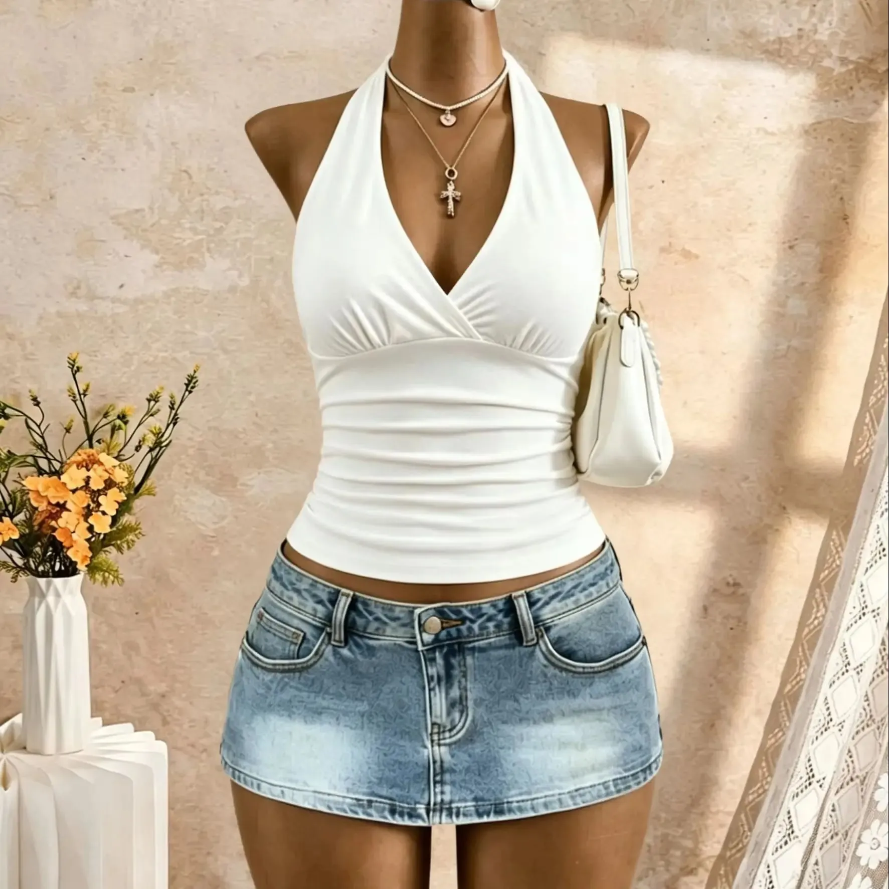 Women Halter Deep V Cross Wrap Side Ruched Slim Crop Camisole 2026 Summer Y2K Solid White Sleeveless Casual Daily Tank Top — image 8
