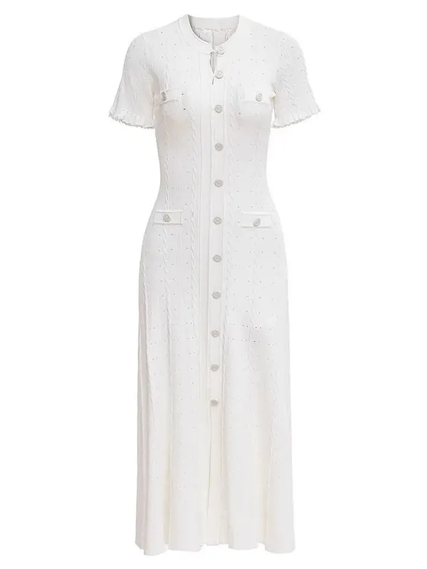 Elegant Knitted Dress round Neck Short Sleeve Hollow out Long Dress Ribbed Single Button Knitted Dress Fashionable Commute Style — image 9