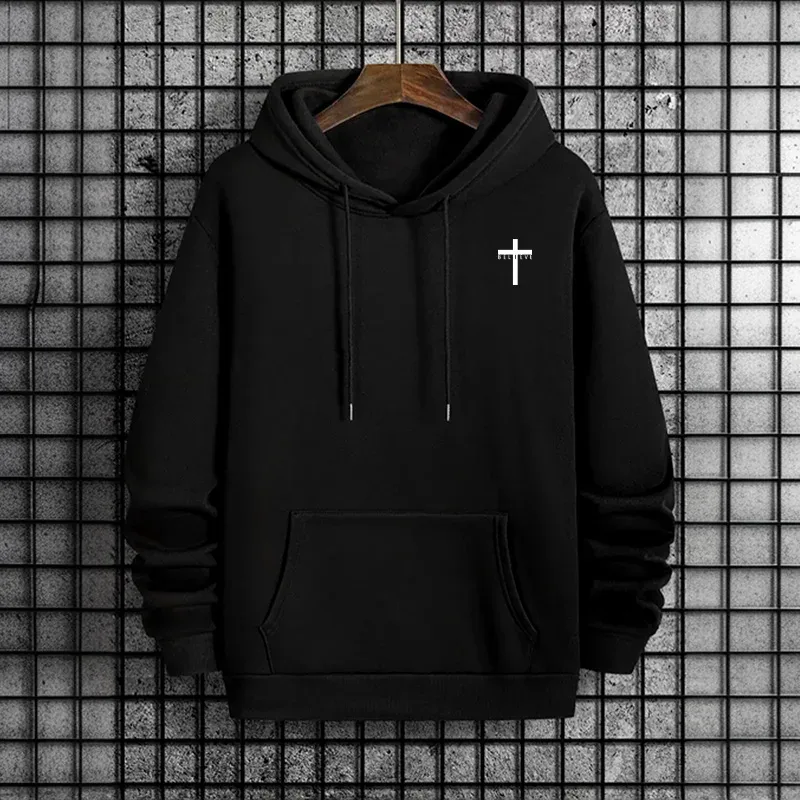 Mens Urban Hoodie 2025 High Quality Solid Color Long Sleeve Sweatshirt Casual Sporty Hooded Outerwear Jesus Cross Print Pullover — image 7
