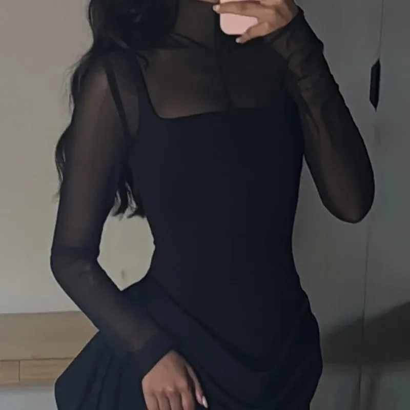 Stylish Lady Mesh See Long Sleeve Splicing Dress Elegant Evening Gown Women's 2026 New Luxury Boutique Club Party Dresses — image 6