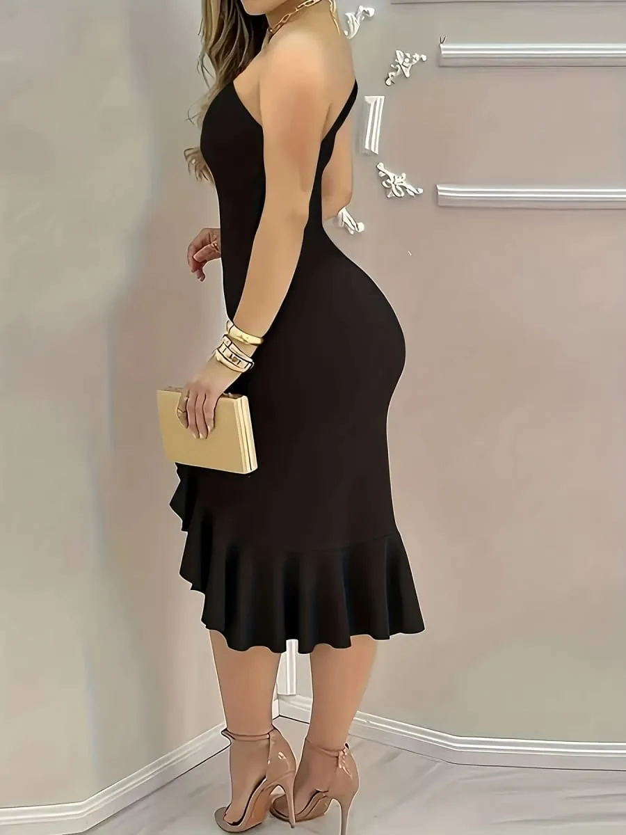 Ladies Asymmetrical Hemline Sleeveless Backless Gown with Ruffle Detail Spring Summer Shoulder Bared Asymmetric Skirt Dress — image 2